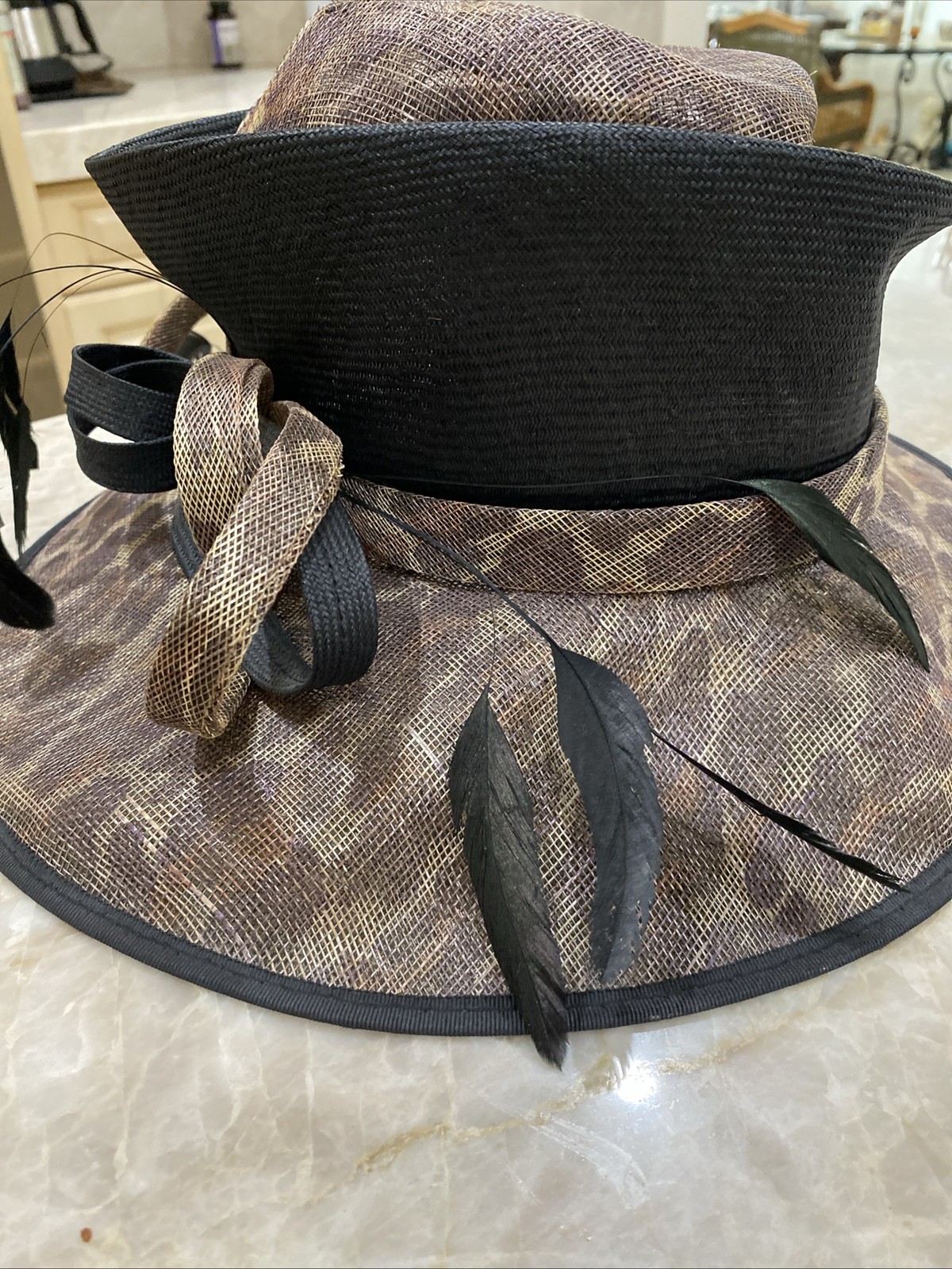 Uewellyn& Mitchell BROWN STRAW Hat Animal Print WIDE BRIM SPECIAL OCCASION