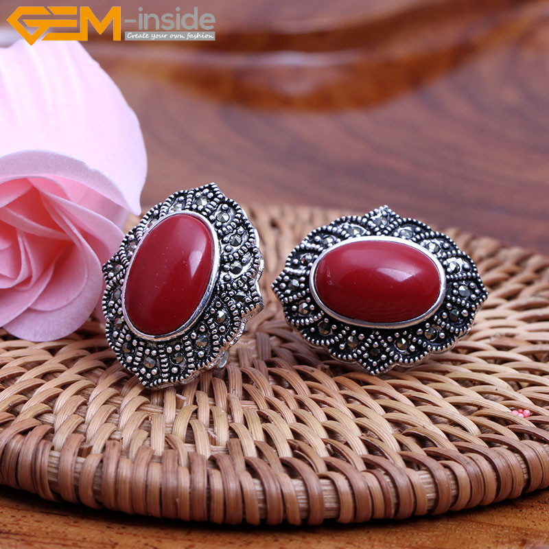 Silver Oval Marcasite Beads Assorted Stones Fashion Jewelry Earrings Omega Back