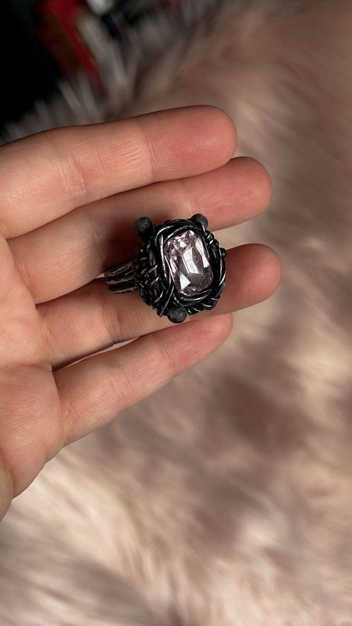 Handcrafted Statement Ring Black Wire Wrapped size 8