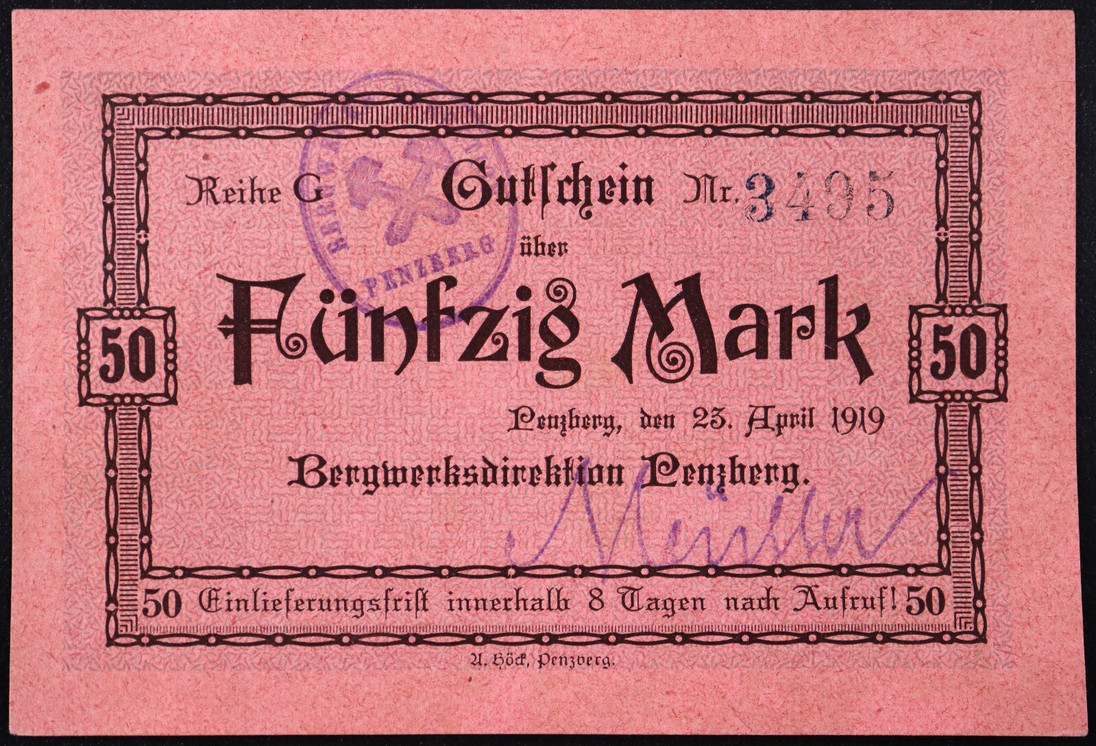 PENZBERG 1919 "Bergwerksdirektion" Rare 50 Mark Reihe G w/sig Grossnotgeld
