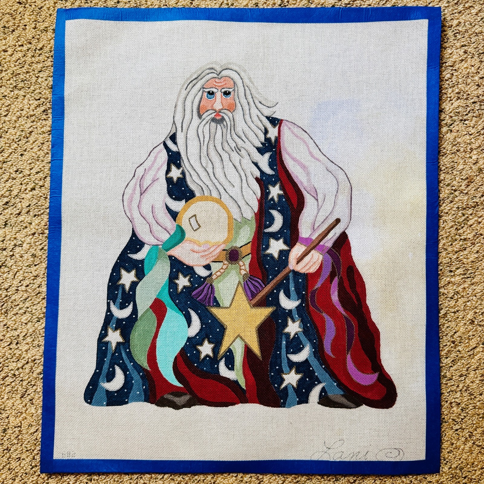 WIZARD CRYSTAL BALL & WAND - VTG Handpainted Needlepoint Canvas 18x22" Lani NOS