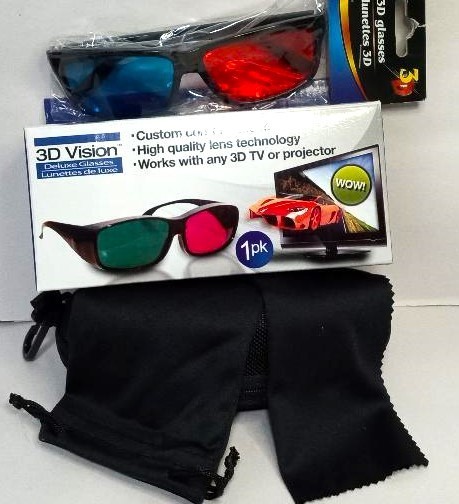 LOT OF 5: TWO PAIR OF 3D SUNGLASSES  , CASE, BAG & POLISHING CLOTH - OPEN BOX
