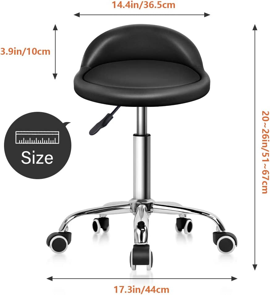 PU Leather round Rolling Stool with Back Rest Height Adjustable Swivel Drafting