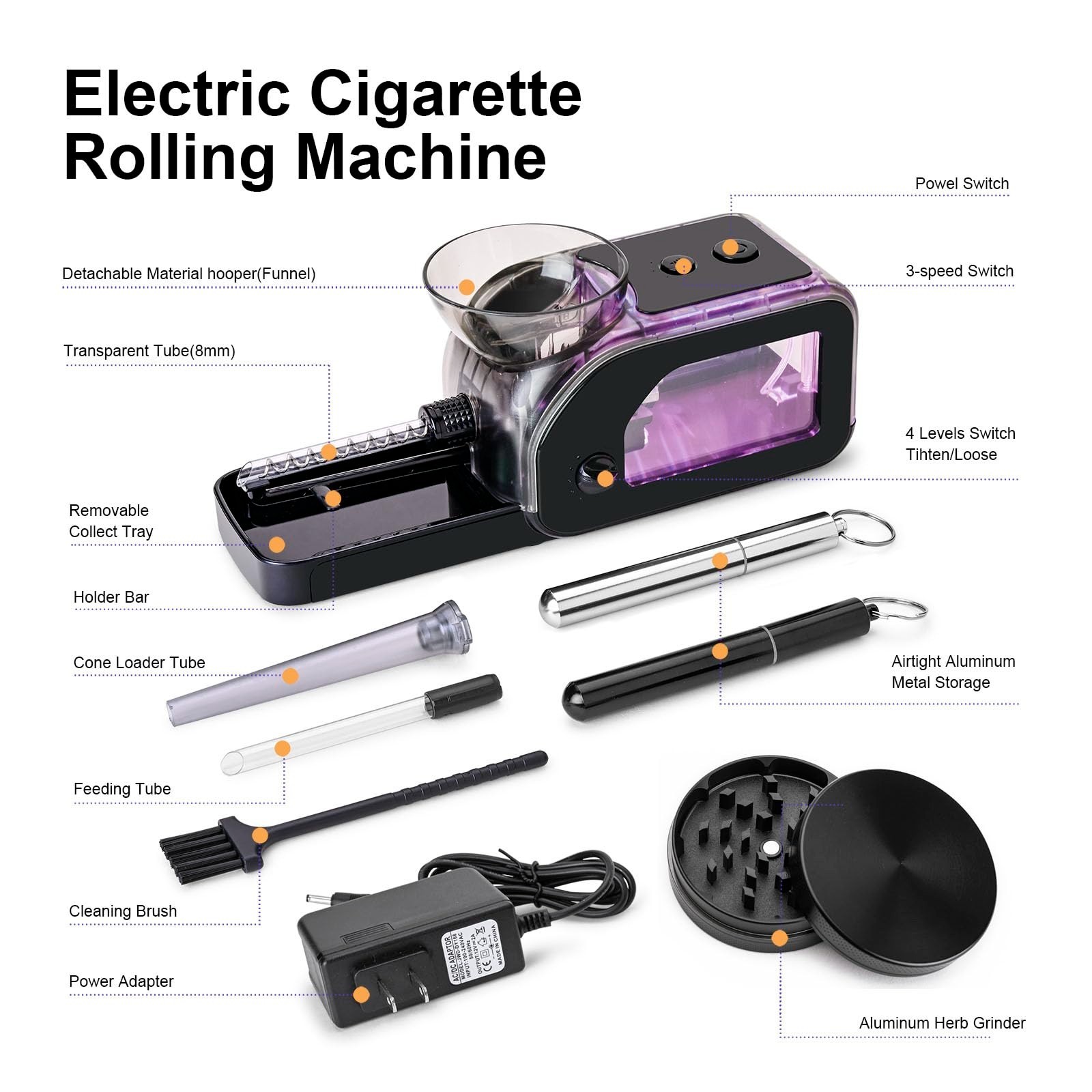 Electric Cone Rolling Machine Set with Manual Grinder, LED Light, Portable Tobac