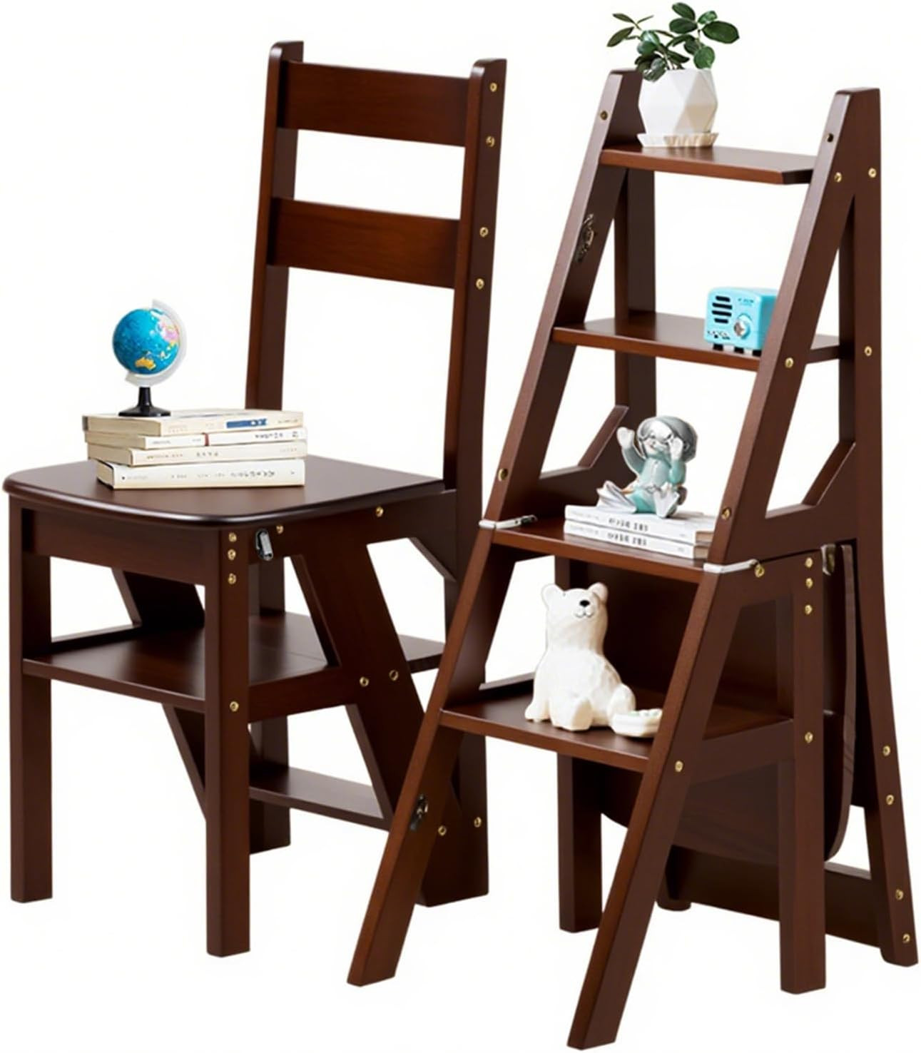 Solid Wood 3-In-1 Folding Ladder Chair, Convertible Step Stool & Display Rack, 4