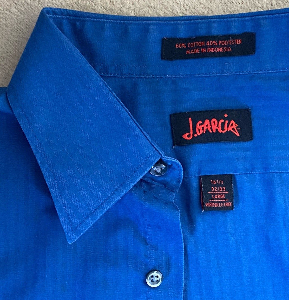 J. Garcia Dress Shirt (Size Large 16 1/2 32/33) Blue Stripe Button-Up, Vtg. 1998