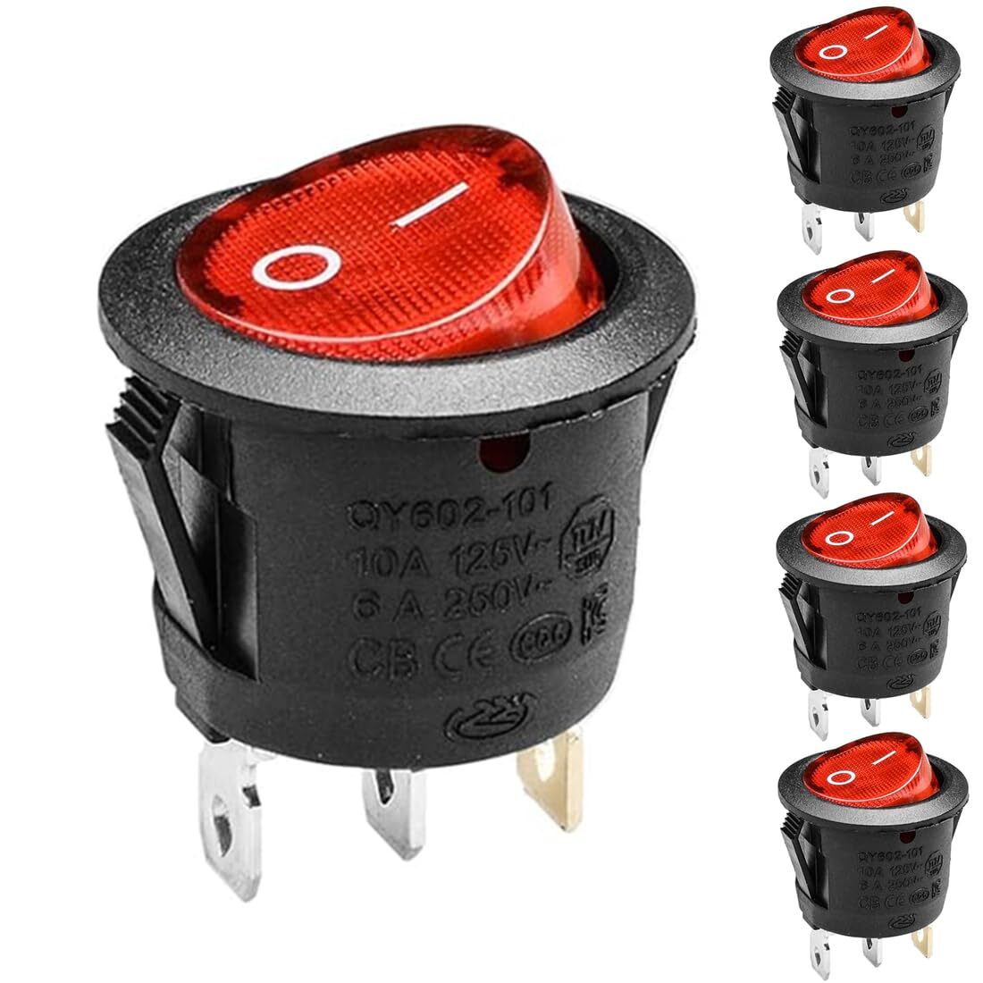 5pcs KCD1-105 Red Lamp Illuminated 3 Terminal SPST On/Off Toggle Rocker Switch