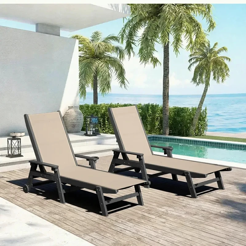 Domi Outdoor 2Pcs HDPE Chaise Lounge w/Arms,Reclining Backrest for Patio,Khaki