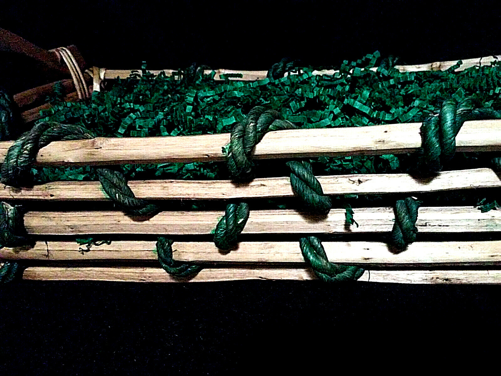 Rectangular Basket Light stain Free standing 2 Handle Green rope 10 x 17 Display