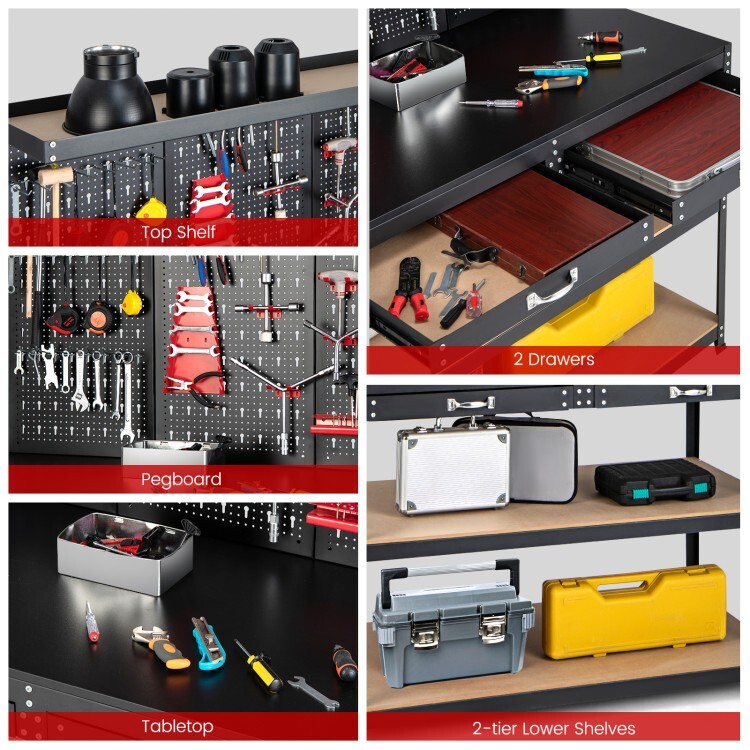 Workbench Multi Purpose Garage Wood Work Table Tool Organizer w/Drawers & Hooks