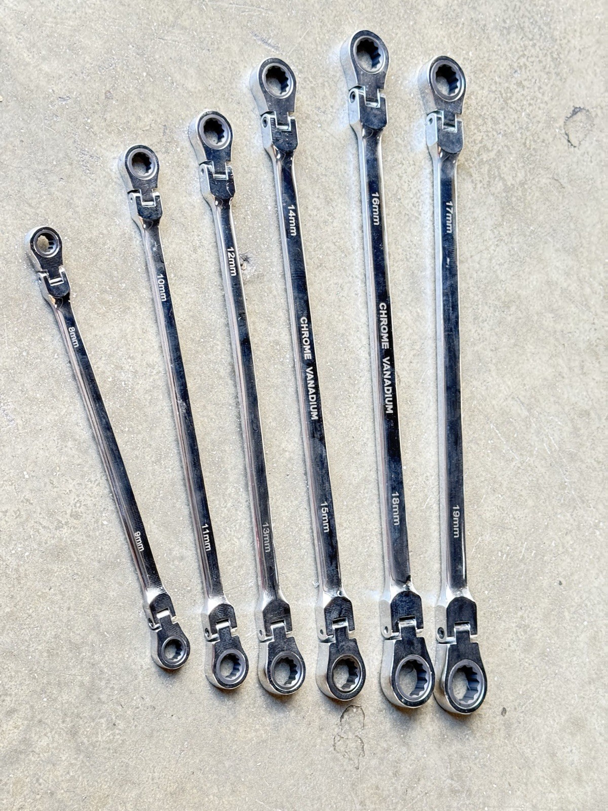 6pc Extra Long Flexible Head Double Box Ratchet Ring Spanner Wrench Set 8-19mm