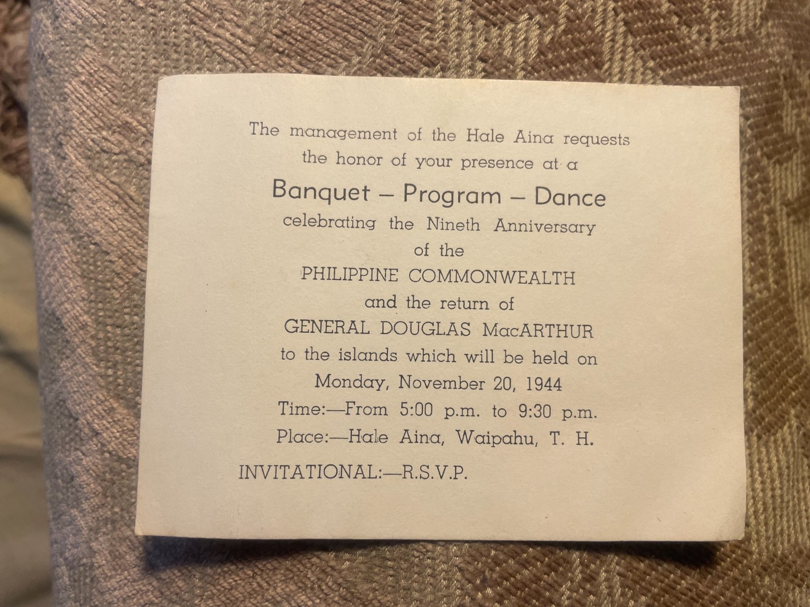 Banquet Invitation for Philippines & Gen Douglas MacArthur, November 20, 1944