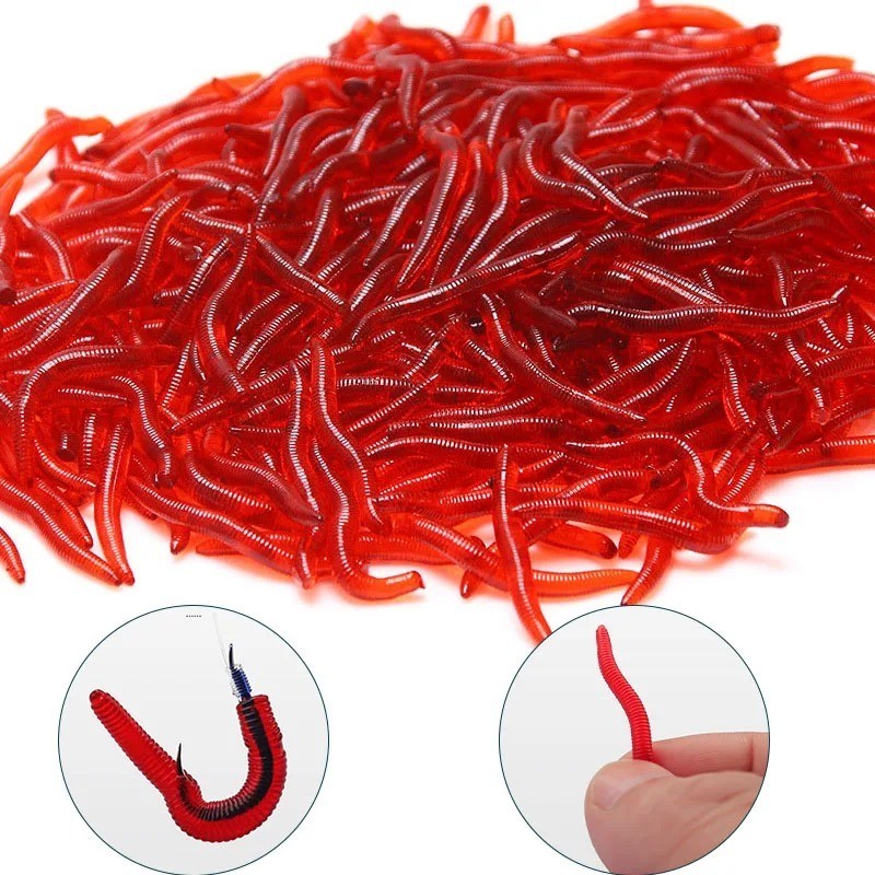 100pcs Soft Earthworm Fishing Bait Red Worm Lures Crankbaits Hooks Baits Tackle