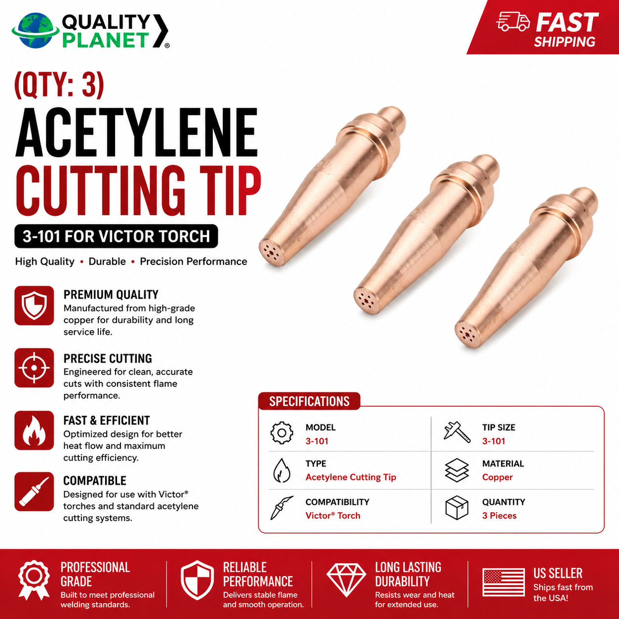 (QTY:3) Acetylene Cutting Tip 3-101 for Victor Torch | US Seller Fast
