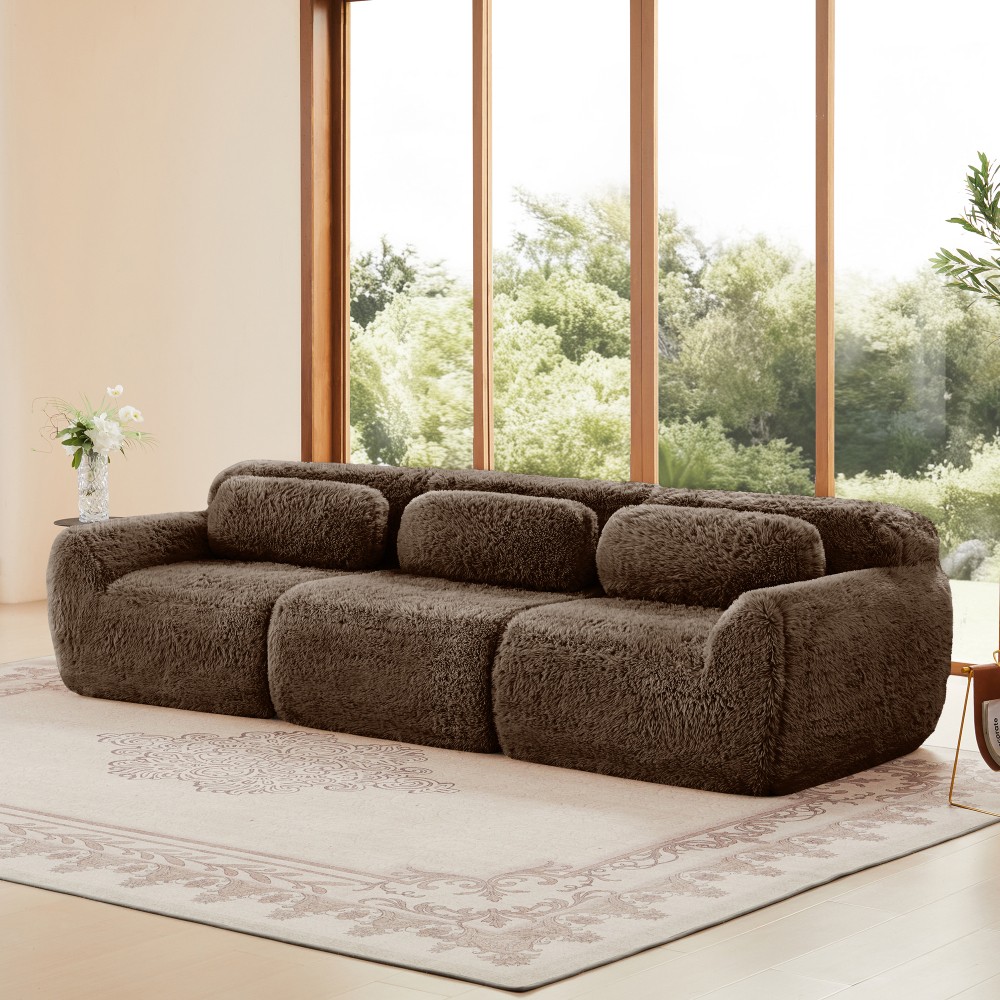 114'' Plush Modular Sectional Sofa w/Ottoman & Pillows - Chocolate