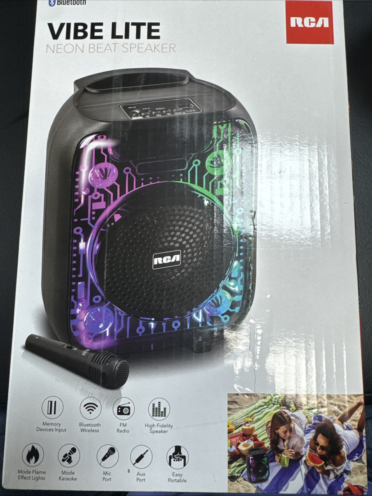 RCA Vibe Lite Neon Beat Bluetooth Wireless Portable Speaker Mic Aux FM Karaoke