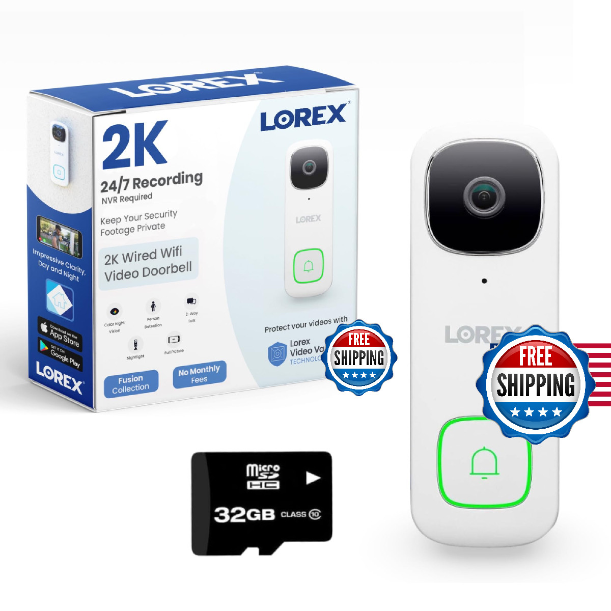 Lorex 2K Wired Wifi Video Doorbell Camera W/No Subscription Fee -