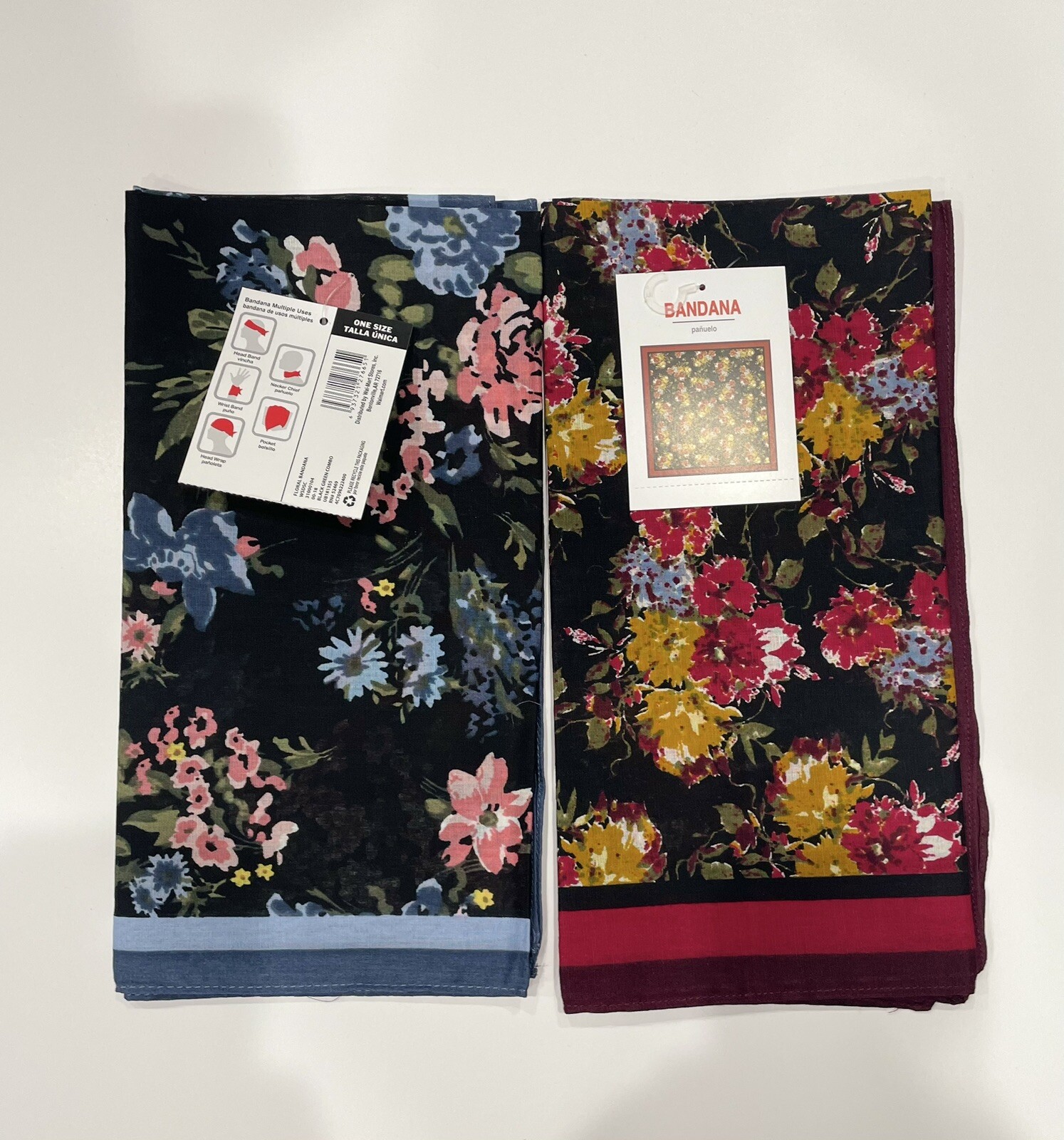 2 Pack Of Floral Bandanas 100% Cotton Yellow Red & Black Green Combos 22 X22 In