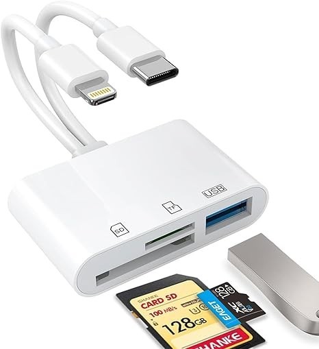 Dual Port TF/SD Card Reader with USB for iPhone, iPad  and Android USB-C Phones