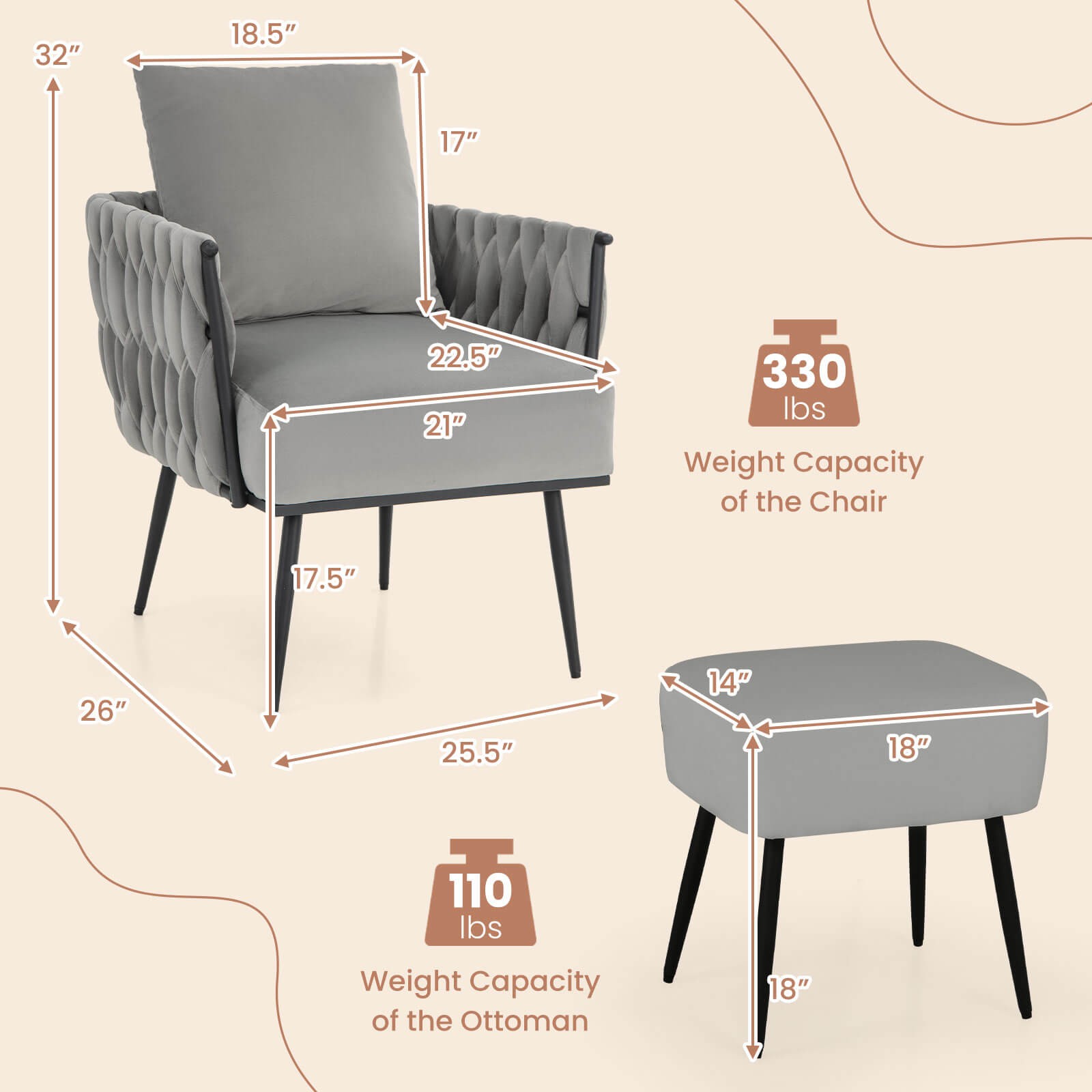 Modern Dutch Velvet Accent Chair and Ottoman Set Single Leisure Sofa Chair