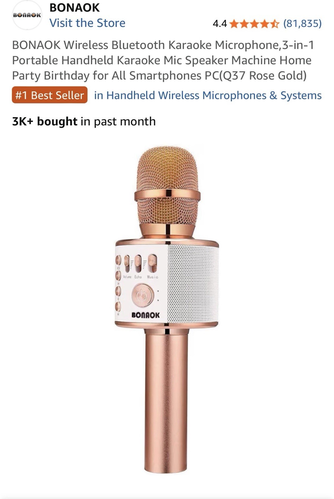BONAOK Wireless Bluetooth Karaoke Microphone (Q37 Rose Gold)