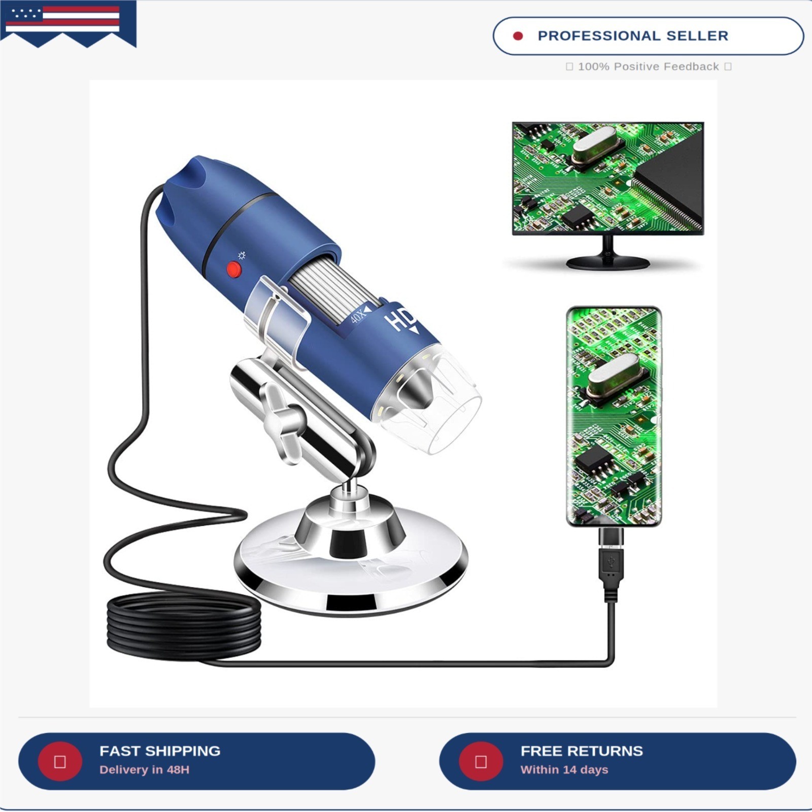 Jiusion 2K 2560x1440P USB Digital Microscope for Android, Windows & Mac | 40X-10
