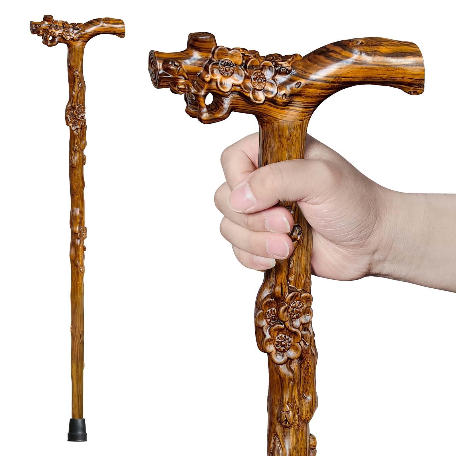 ispuoocti Wooden Walking Cane, Hand-Carved Wood Cane for Men Flowers