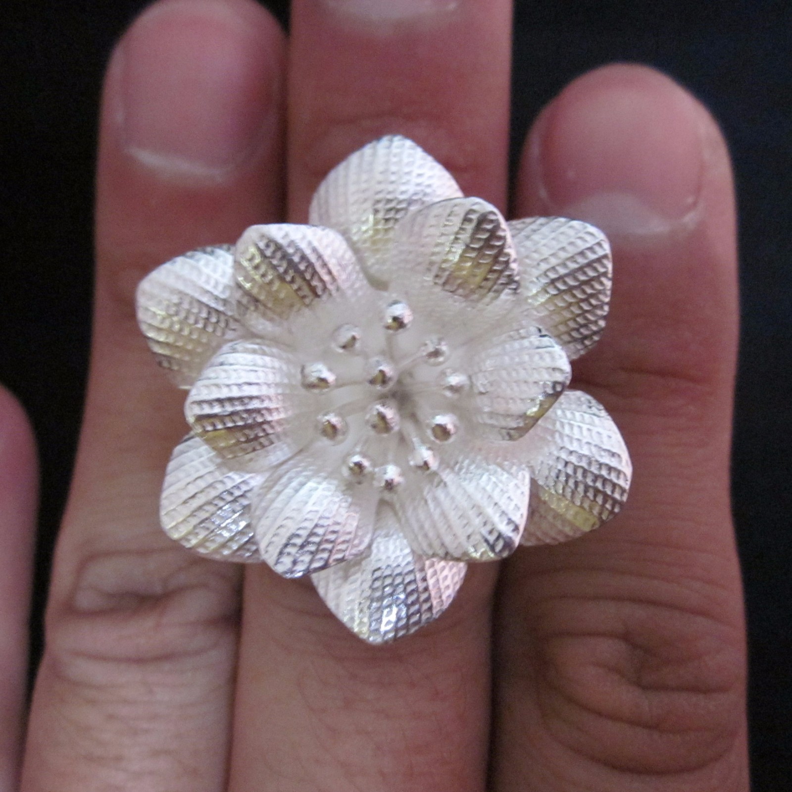 Fine Silver Jewelry Rings Ethno Anello Argento Adjustable White Flowers 46014