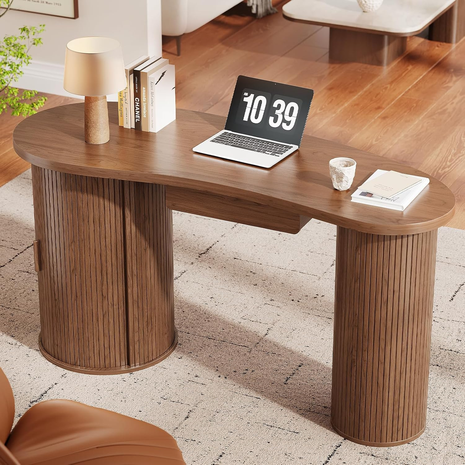 59 Inches Fluted Office Desk with Storage, Bean-Shaped Computer Desk with Drawer