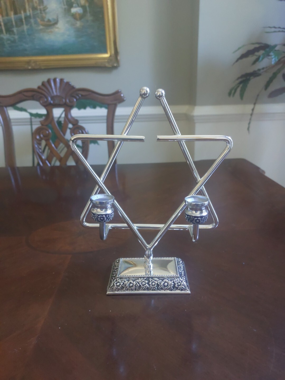 Vintage  Silverplate"Amy" Star Of David W/ Roses Candleholder W/ Box 9" Tall