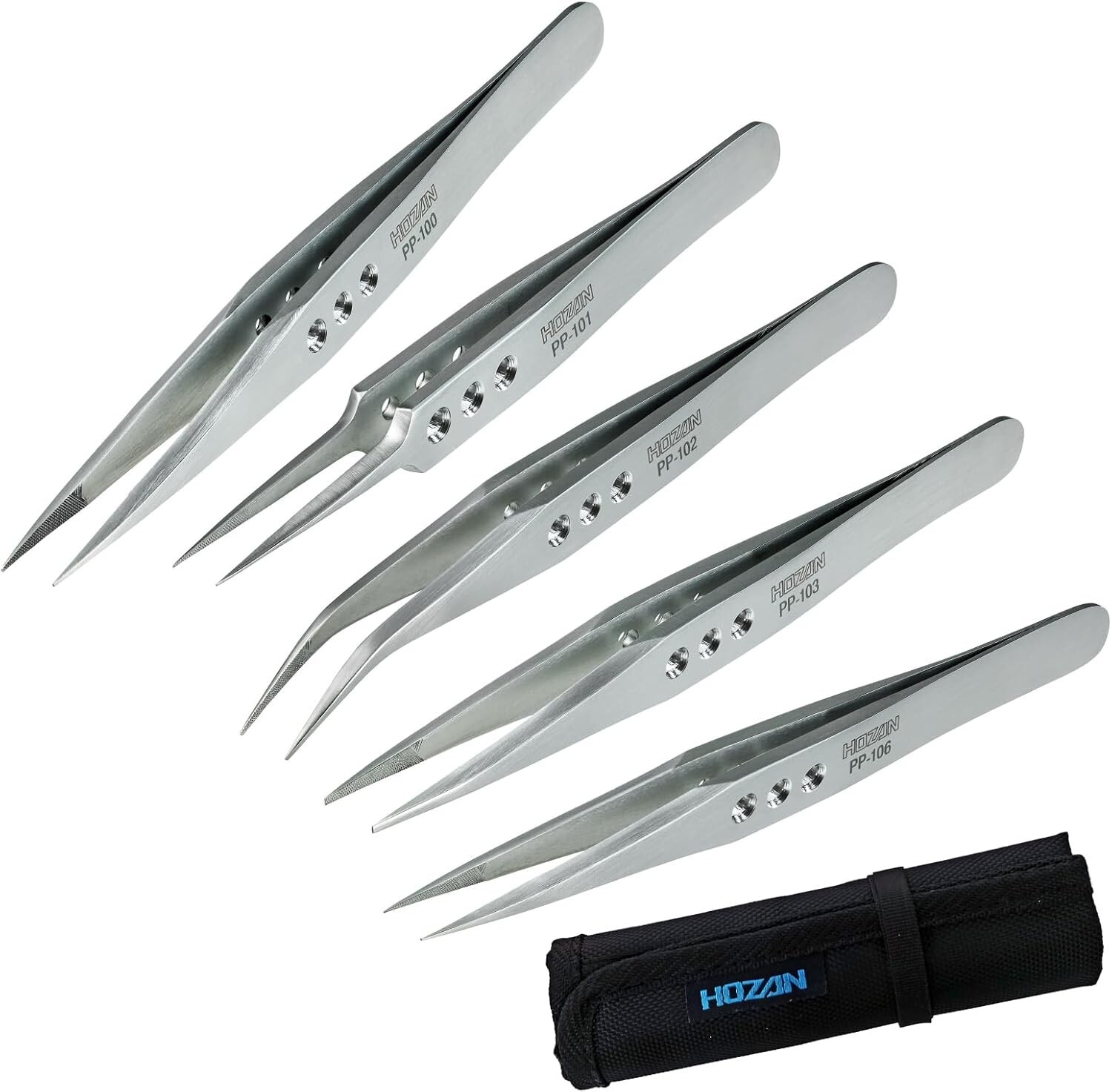 HOZAN Tweezers Thick Finish PP-100 series Set of 5 with Case Stainless steel