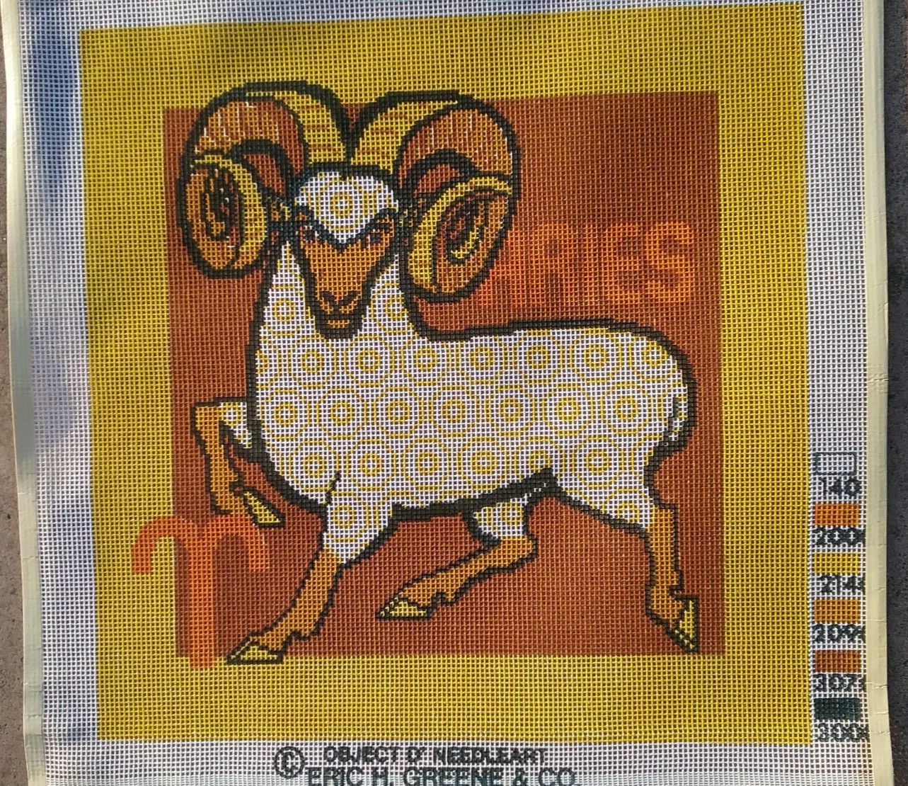 "ARIES" Zodiac painted needlepoint canvas 15" square finished from 1970'S NEW