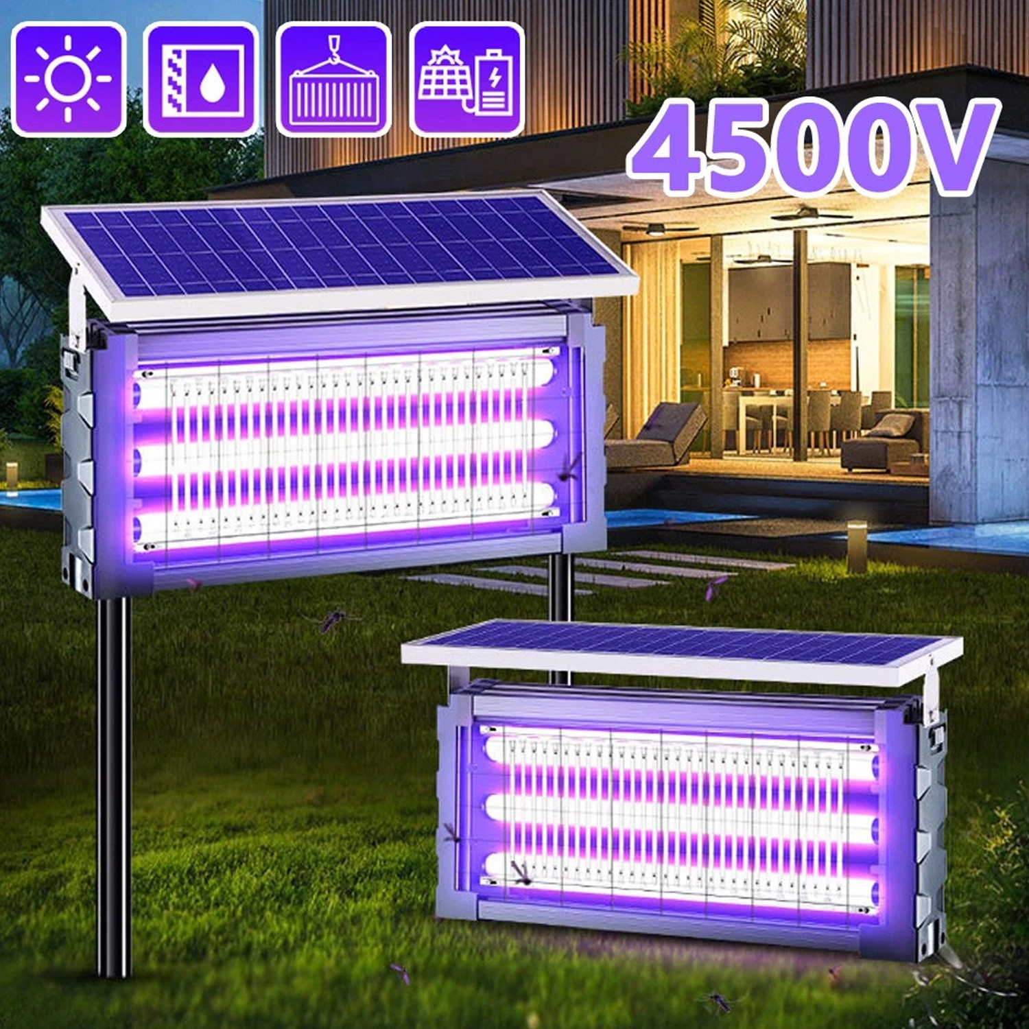 Solar Bug Zapper Outdoor Mosquito Zapper 4500V Waterproof Rechargeable Fly Trap