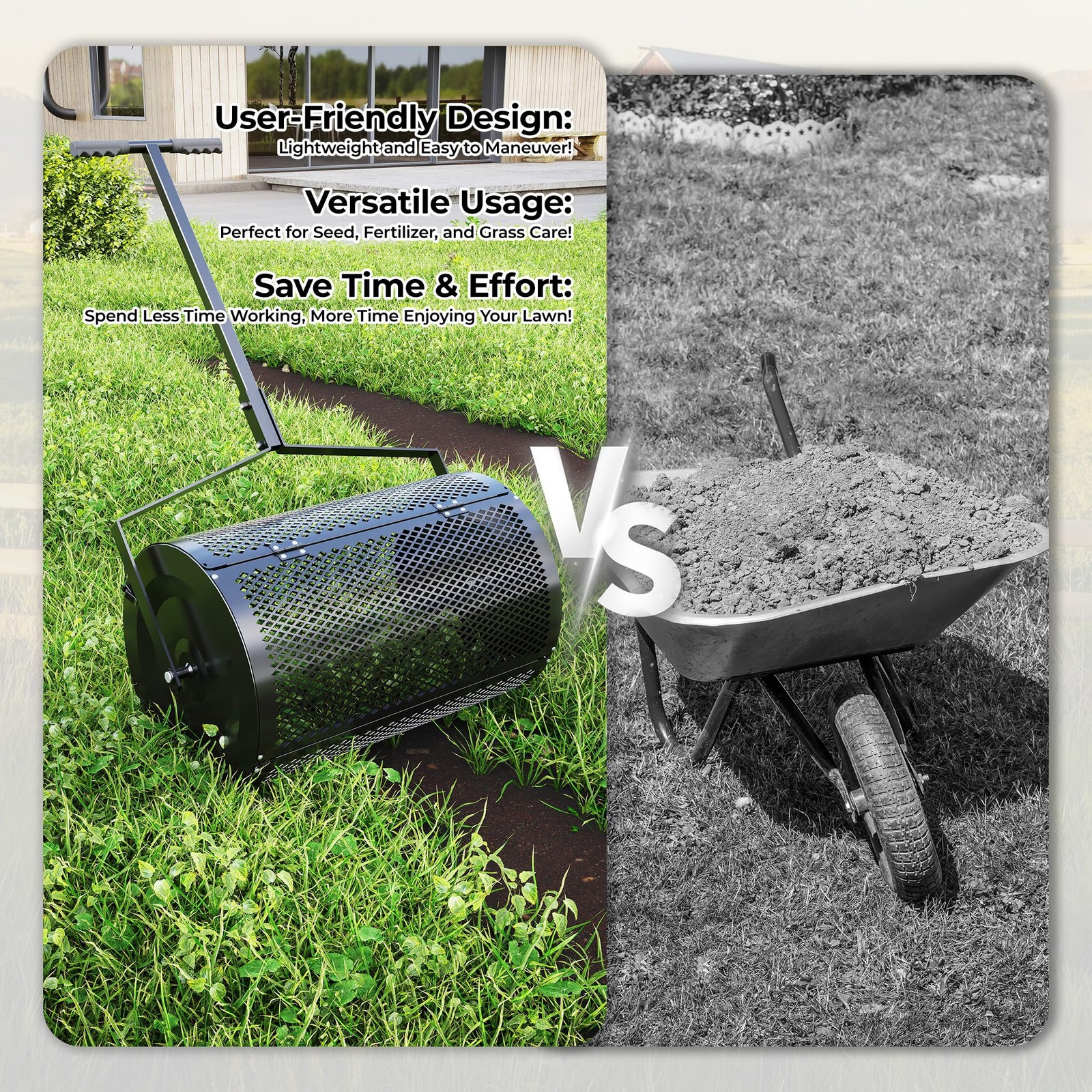 GRAVEE 24 Inch Lawn Spreader w/ Height-Adjustable Handle Rolling Drum Quick-Open