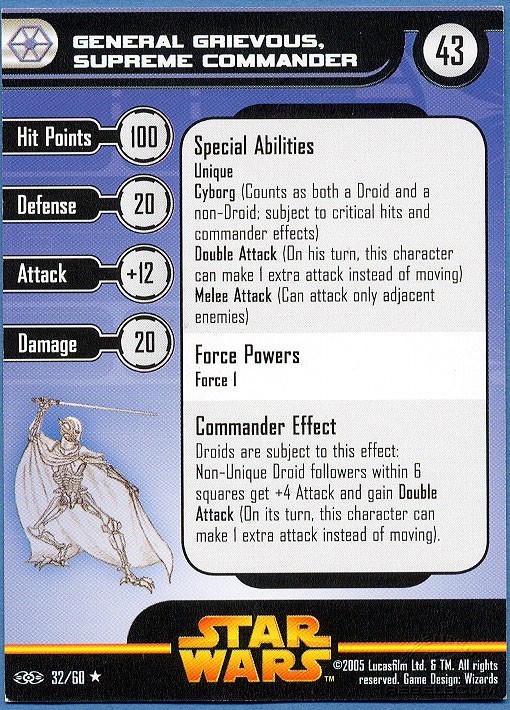 Star Wars Miniatures Revenge of the Sith 32 General Grievous, Supreme Comm. Card