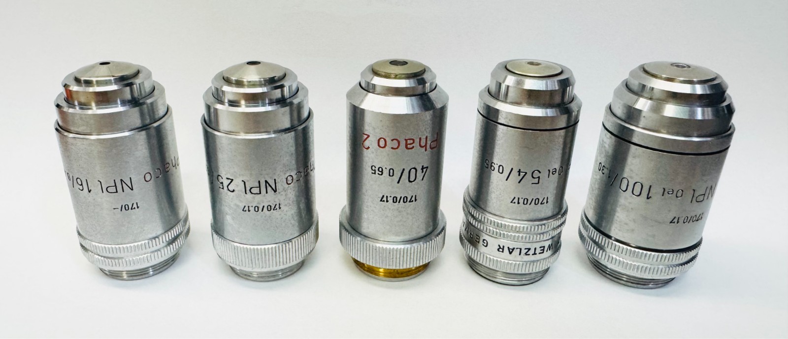 Leitz Phase Contrast Microscope Objectives Lot 16X, 25X, 40X, 54X, 100X Phaco