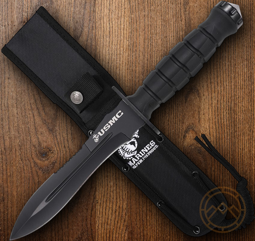 USMC Fixed Knife 6⅝" Black Coated Sawback 3Cr13 Steel Blade Sculpted FRN Handle