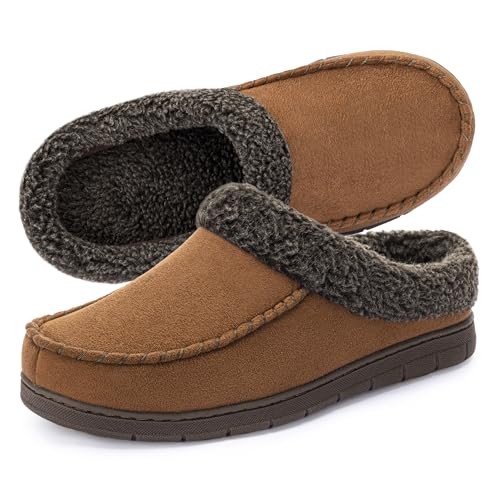 Men's Warm Fuzzy Moccasin Clog Slipper, Slip on Winter Comfy 9-10 Camel