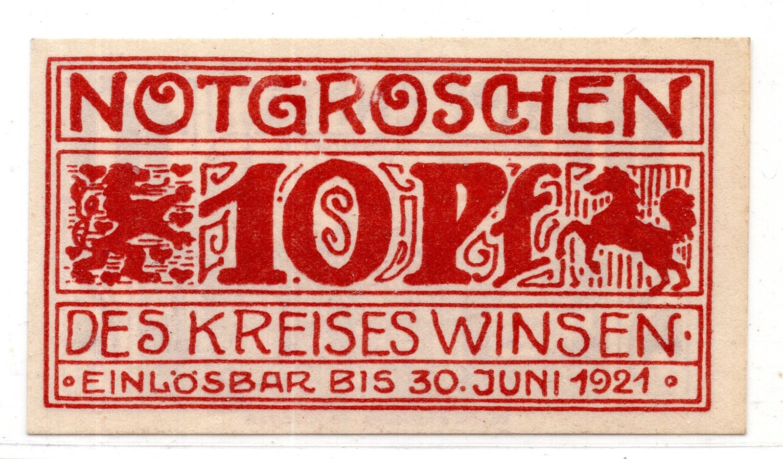 1921 Germany Winsen Notgeld 10 Pfenning Note (4102)
