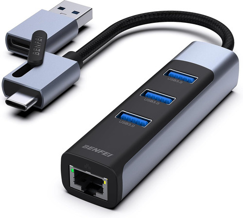 BENFEI 4in1 USB-C/USB 3.0 to Ethernet Adapter with 3*USB Ports Gray