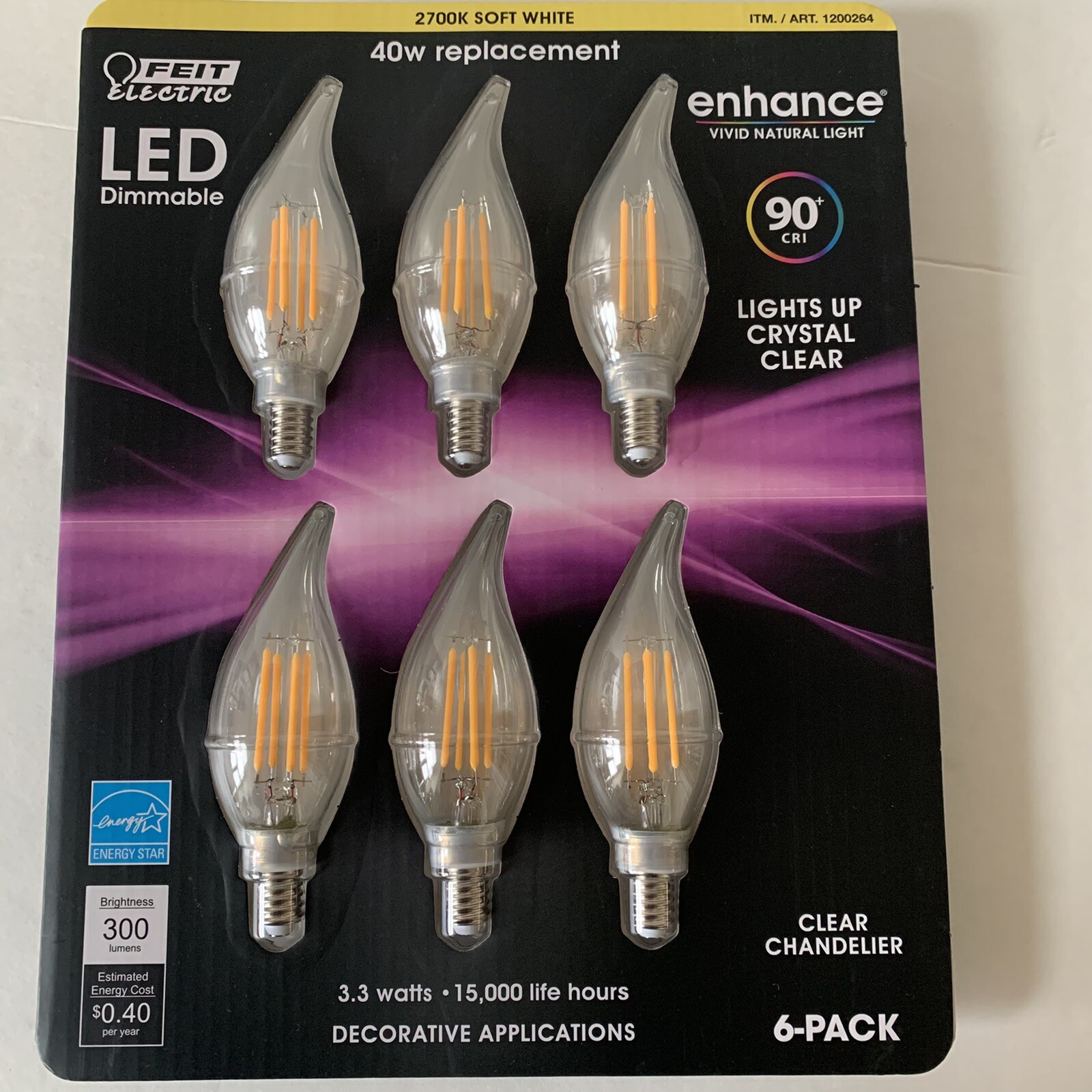 Feit Electric LED Dimmable Clear Chandelier 2700K Soft White Filament Lamps-6pk