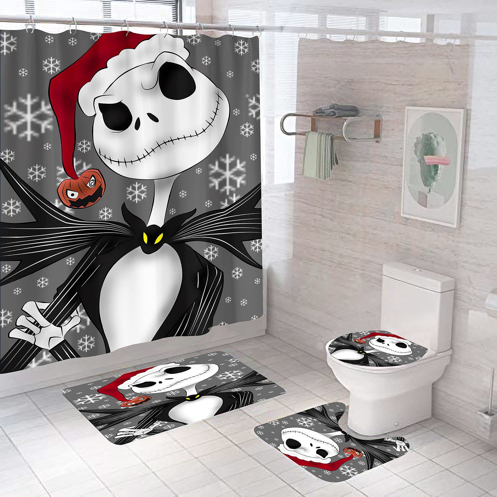 4 PCS Christmas Halloween Shower Curtain Kids Bathroom Waterproof 71x71 Inch