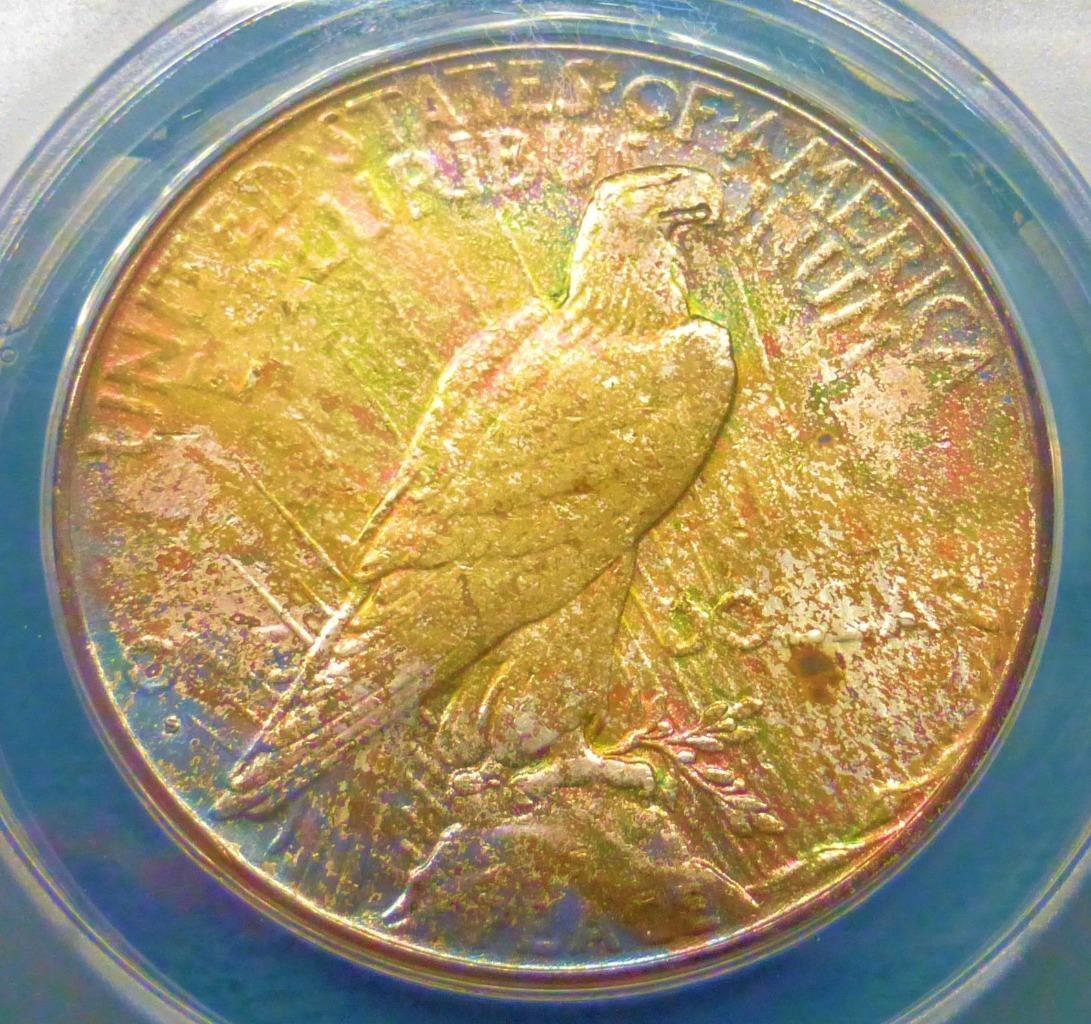 1926 S ANACS AU55 detail Peace Silver Dollar, GREEN PINK BLUE RAINBOW COLOR TONE