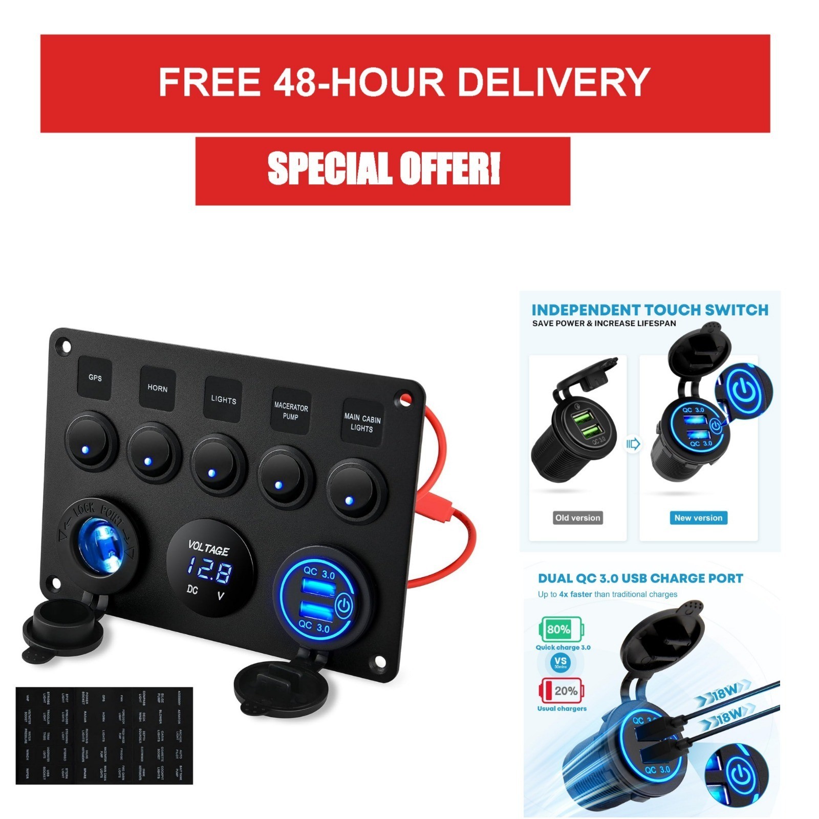 Kohree 5 Gang 12V Marine Switch Panel with USB Ports and Voltmeter