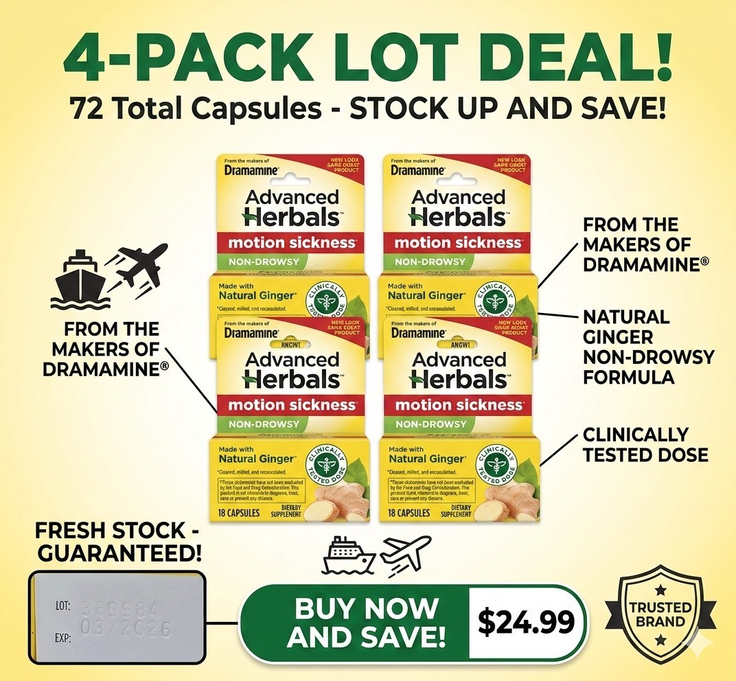 4 PACK Dramamine Advanced Herbals Non-Drowsy Motion Sickness Relief 72ct EXP3/26