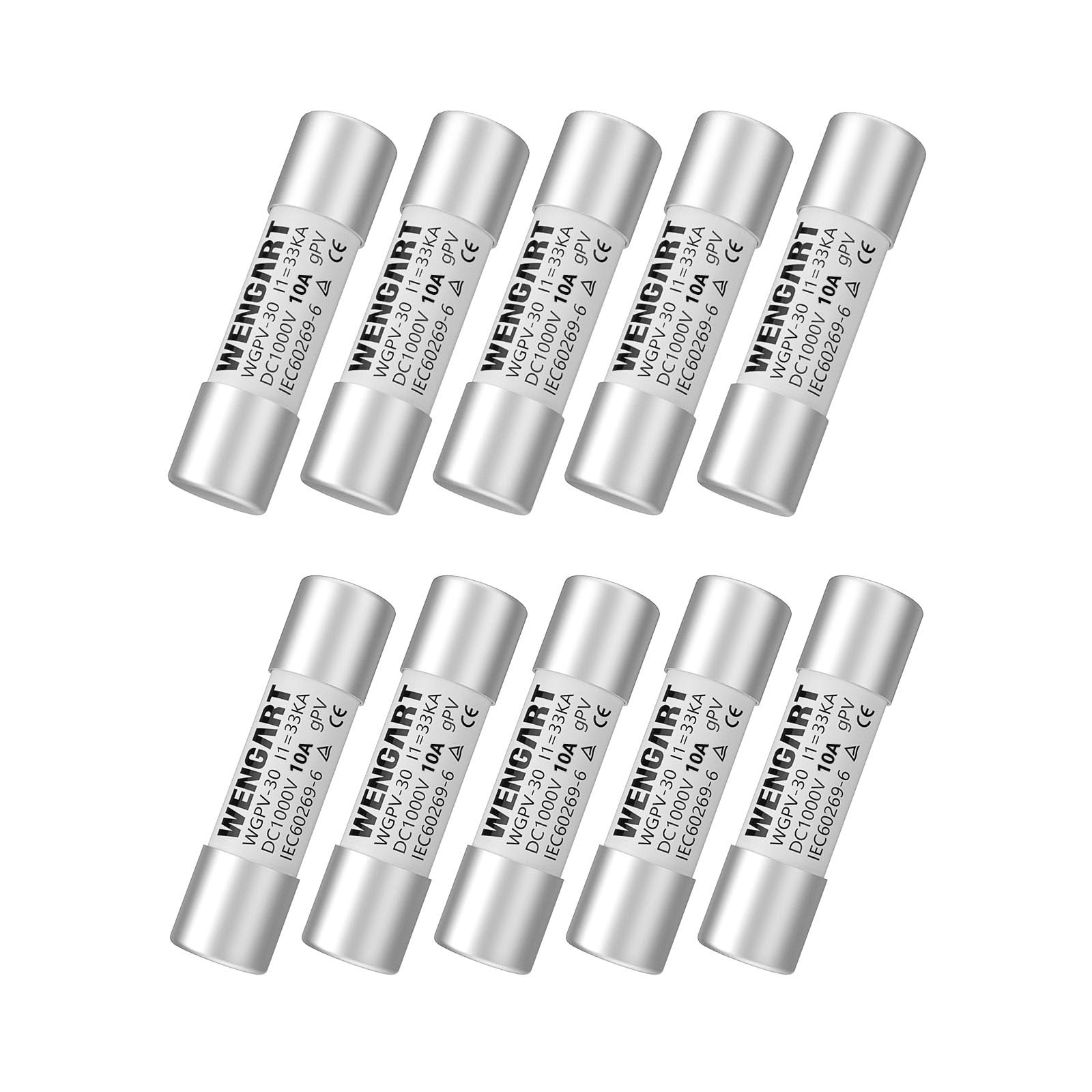 10pcs Solar Fuses, WGPV-30, DC1000V, 10Amp, 10x38mm, I133kA, Fast Photovoltaic