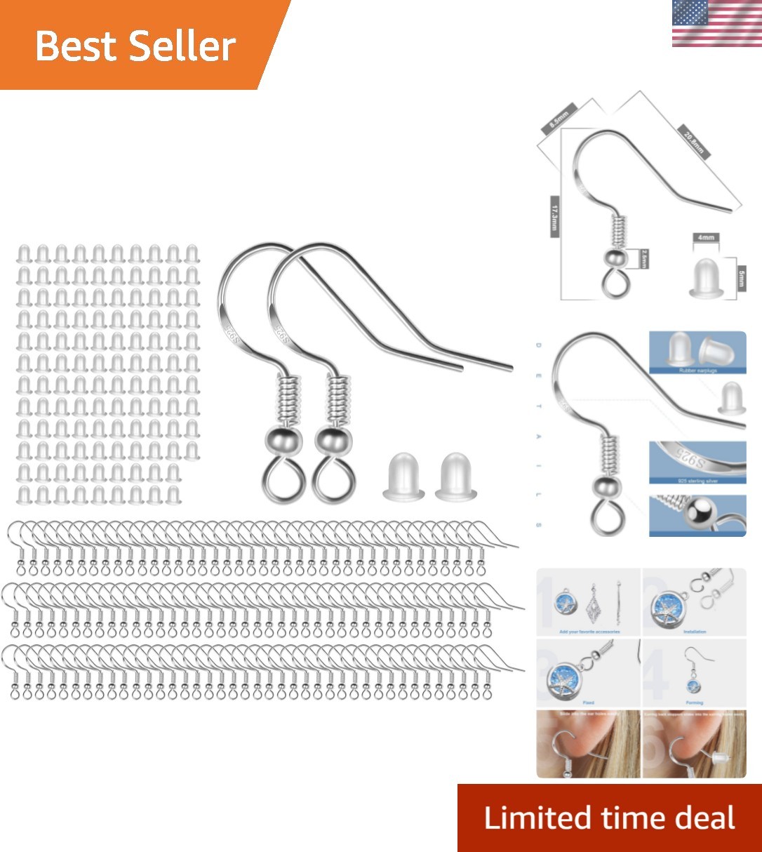 925 Sterling Silver Earring Hooks 120 PCS/60 Pairs, Ear Wires Fish Hooks, Hyp...