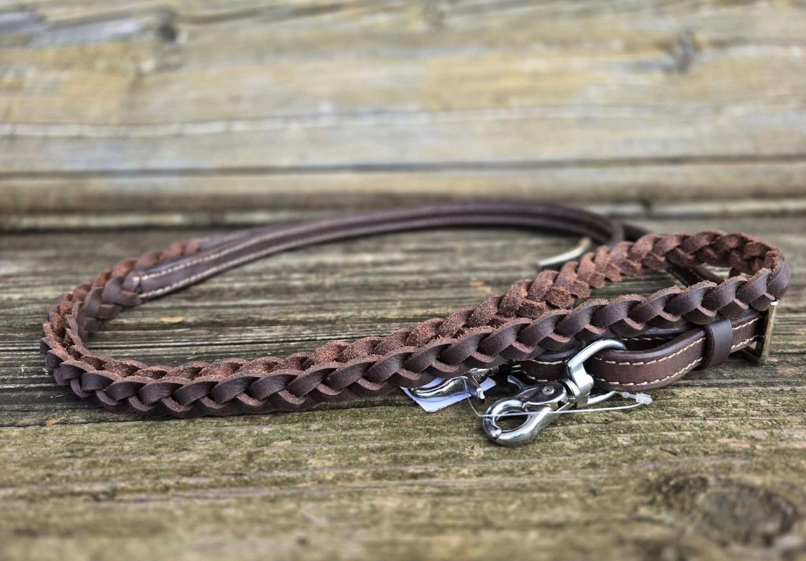 6.5' Braided Dark Oil Leather Barrel Reins with Snaps