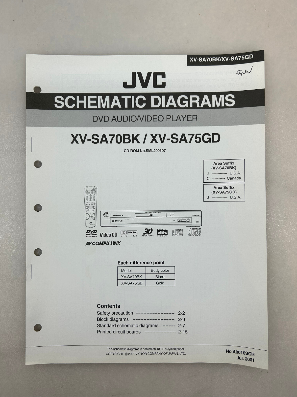 JVC XV-SA70 SA75 Original Schematic Diagrams Free Shipping