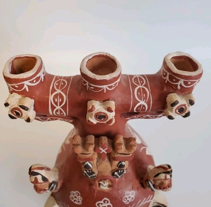 VTG Peruvian Red Clay Luminary Quinua Triple Candelabra Ceremonial Peru Folk Art